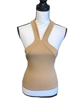 Bloom Seasons Mocha Ribbed Wide Strap Sleeveless Halter Tank Top